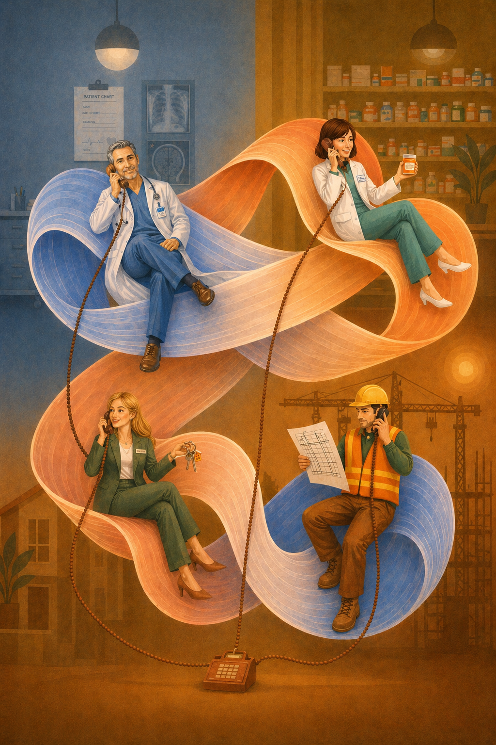 Four domain experts seated on a flowing ribbon, each holding a telephone receiver, against industry backdrops