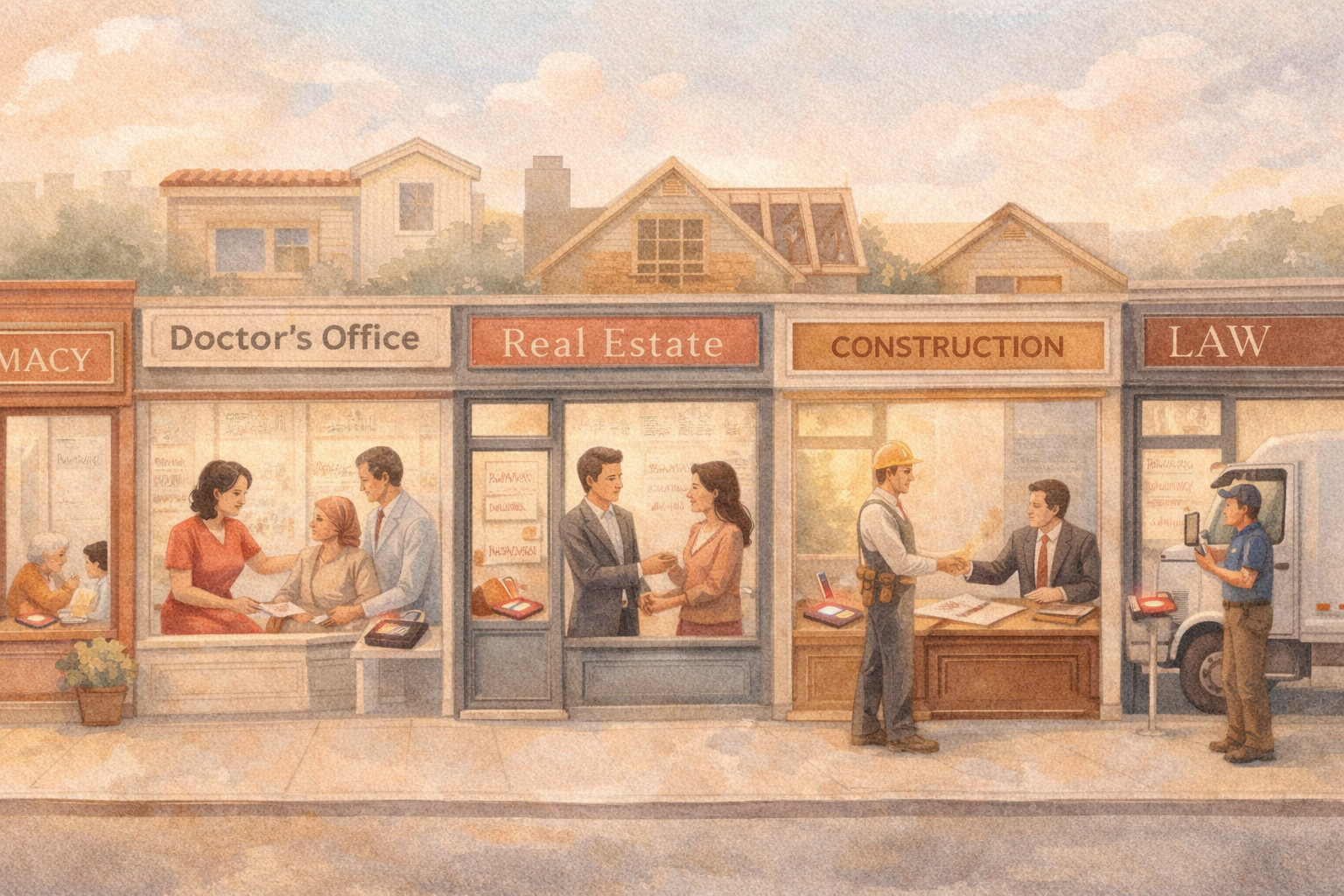 A Main Street of small service businesses — pharmacist, doctor, real estate agent, contractor, lawyer, and truck driver — each fully present with a customer while YouSquared AI handles their calls