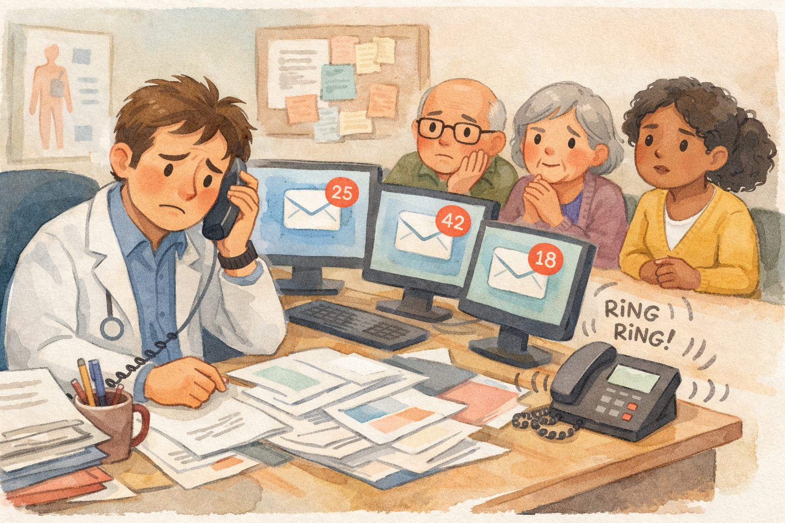 Overwhelmed office with phones ringing