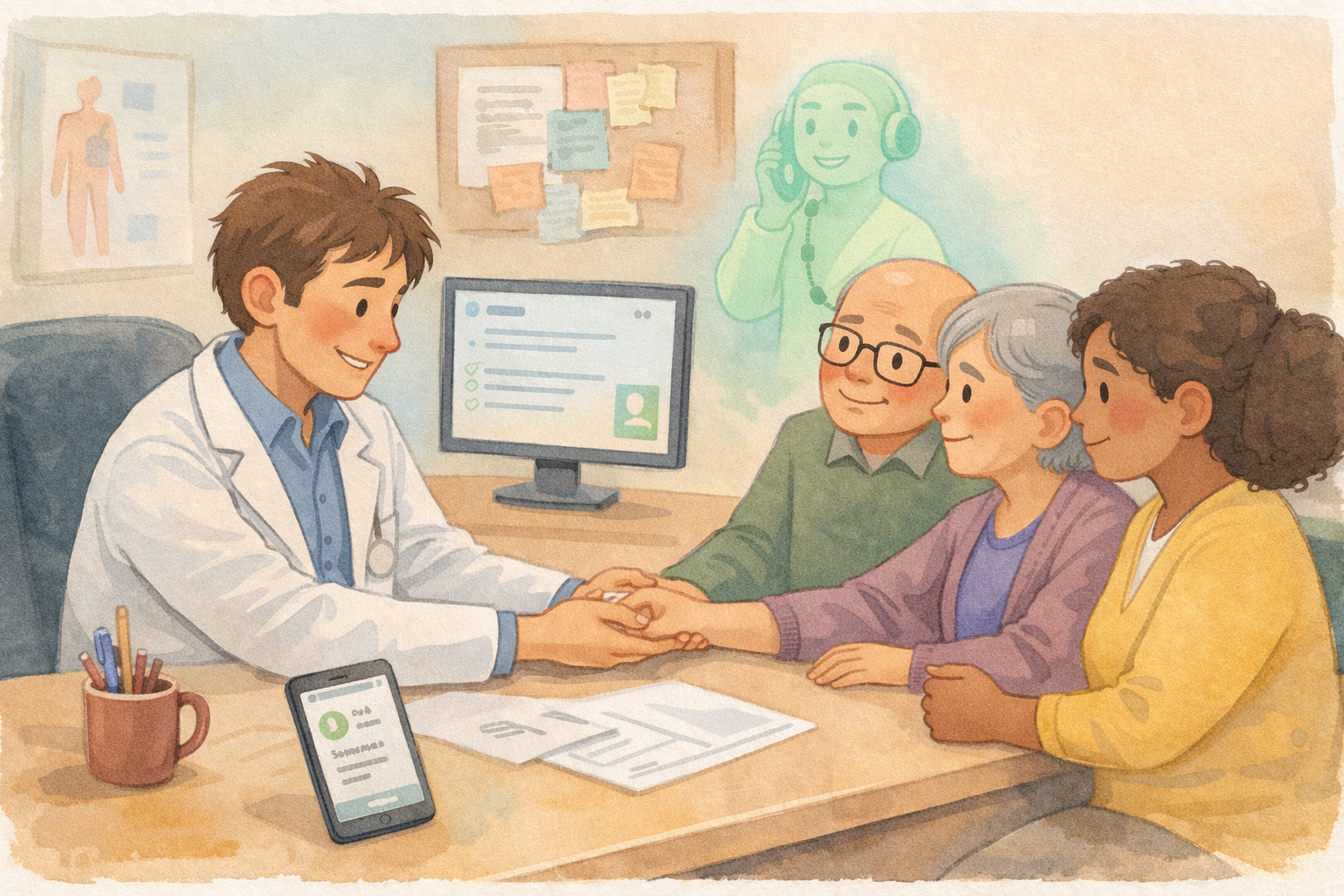 Oncologist calmly with patient while AI handles calls