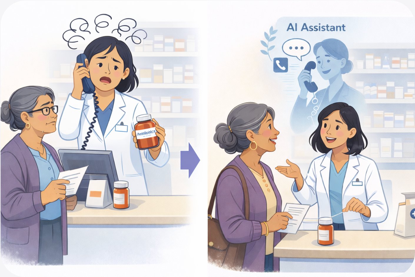 Pharmacienne stressée vs. sereine avec IA